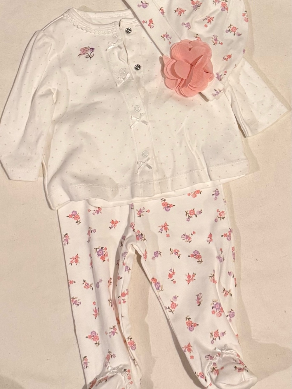 Little Me White Floral 3-Piece Set with Pink Flower Accent